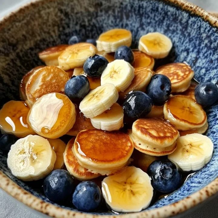 Mini pancake bowl recipe with blueberries and caramel