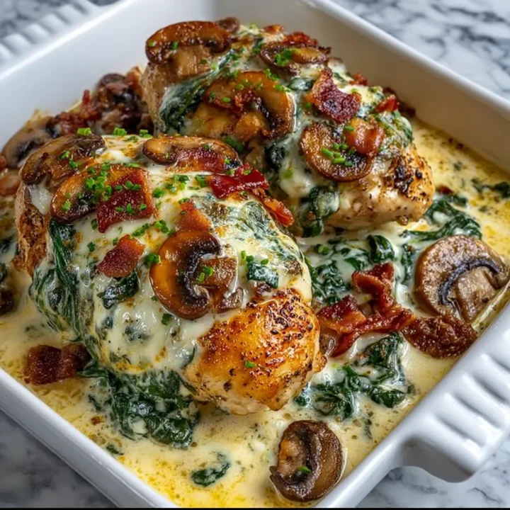 Smothered Chicken with Creamed Spinach, Bacon, and Mushrooms Recipe