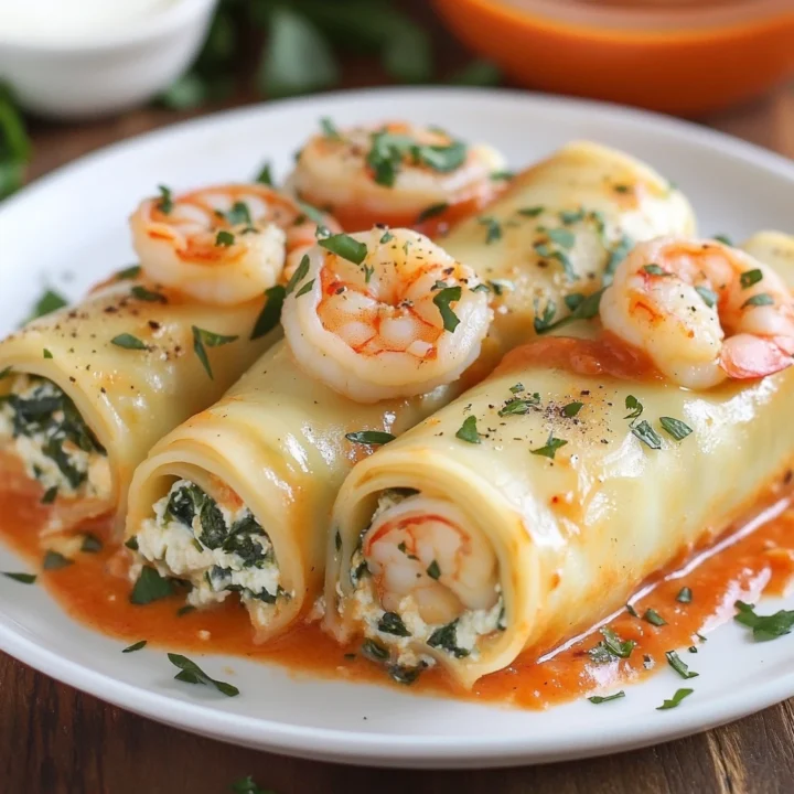 Shrimp and Spinach Stuffed Pasta Rolls with Roasted Red Pepper Cream
